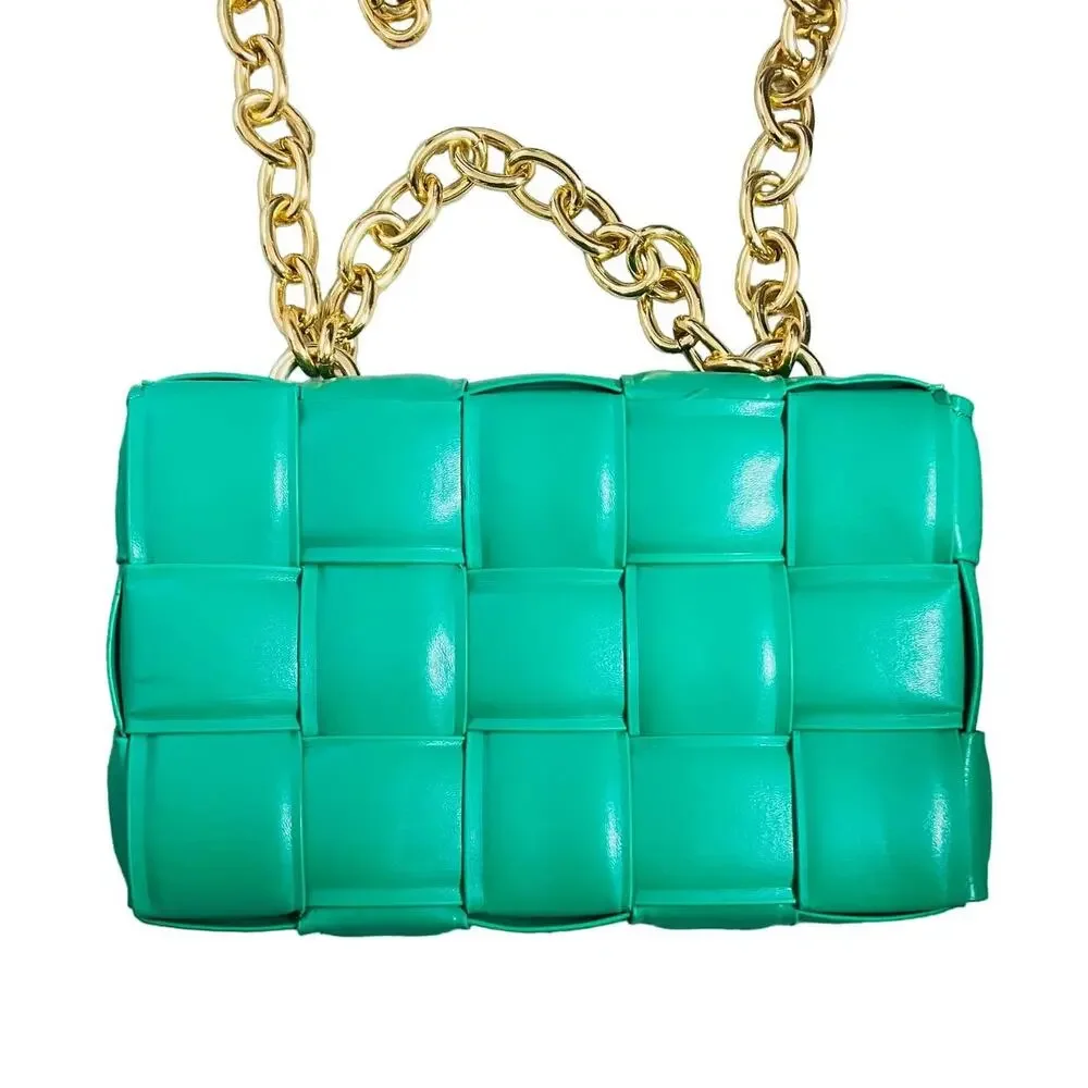 Green Faux Leather Quilted Shoulder Bag Gold Chain Detail